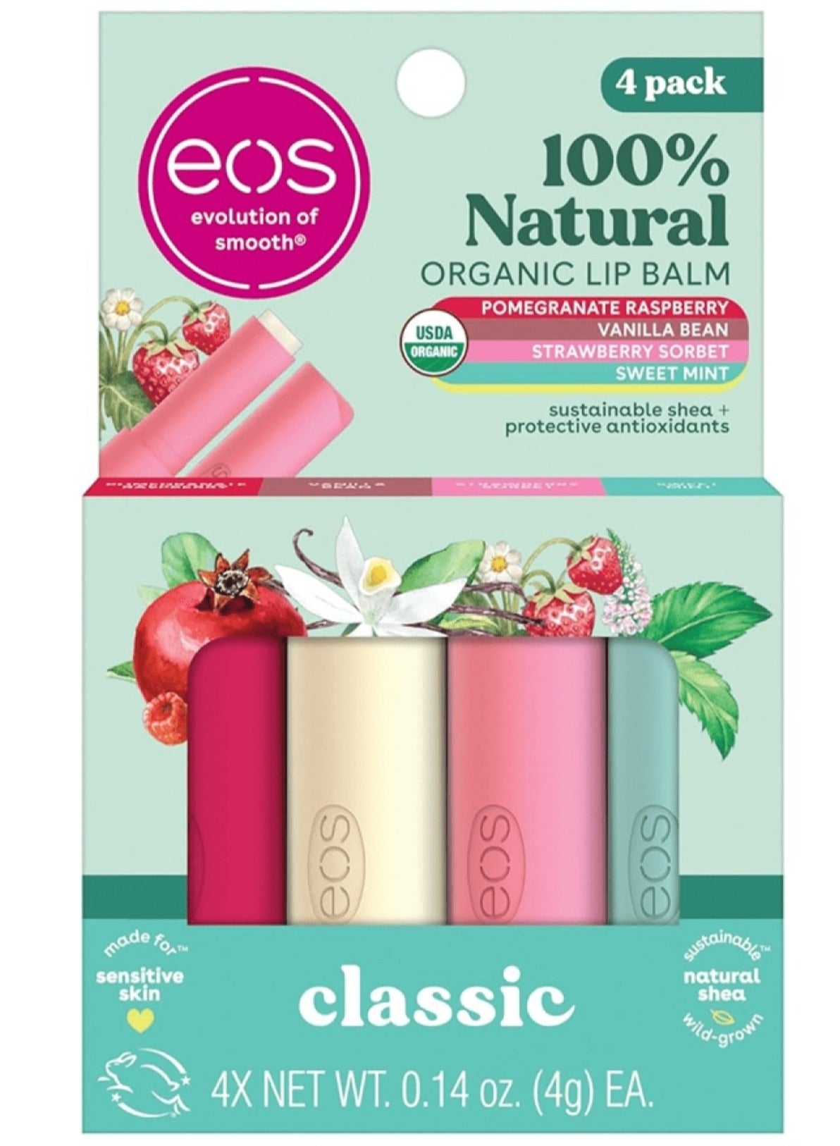 eos Organic Lip Balm Pomegranate Raspberry Vanjlla Bean Strawberry Sorbet Sweet Mint