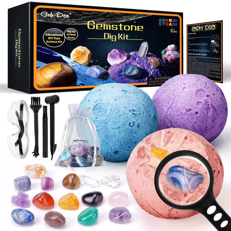 GobiDex Gemstones Dig Kit, Solar System Science Kit for Kids, Excavate 15 Real Gems, STEM Educational Space Toys Planet Collection Kit, Archaeology Geology Science Projects Gift for Boys&Girls Age 6+ - Image 1
