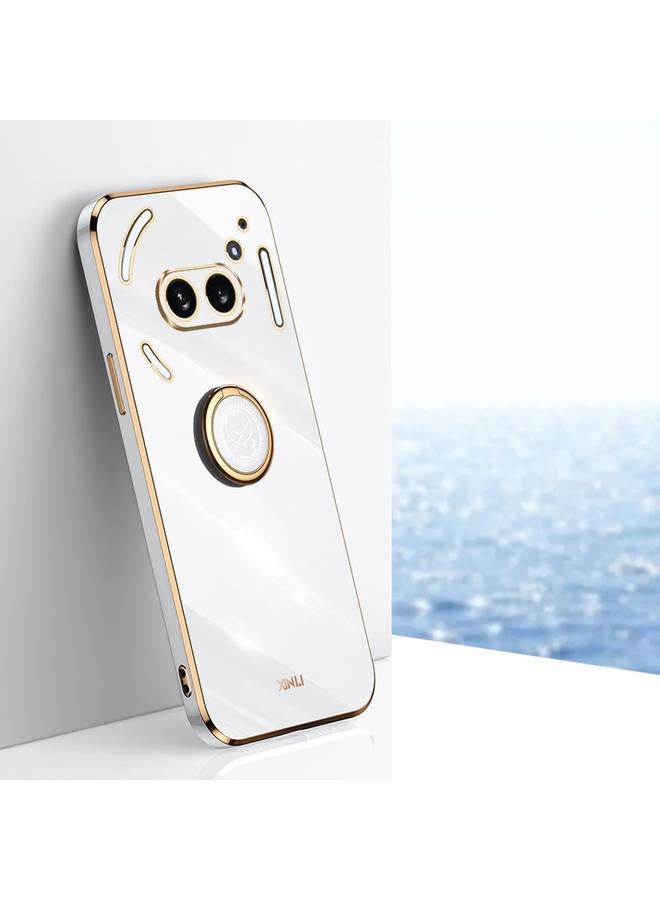 شين لي تونج جراب هاتف XINLI ذو الحافة المستقيمة 6D المطلي بالكهرباء TPU مع حامل حلقي لهاتف Nothing Phone 2A (أبيض)