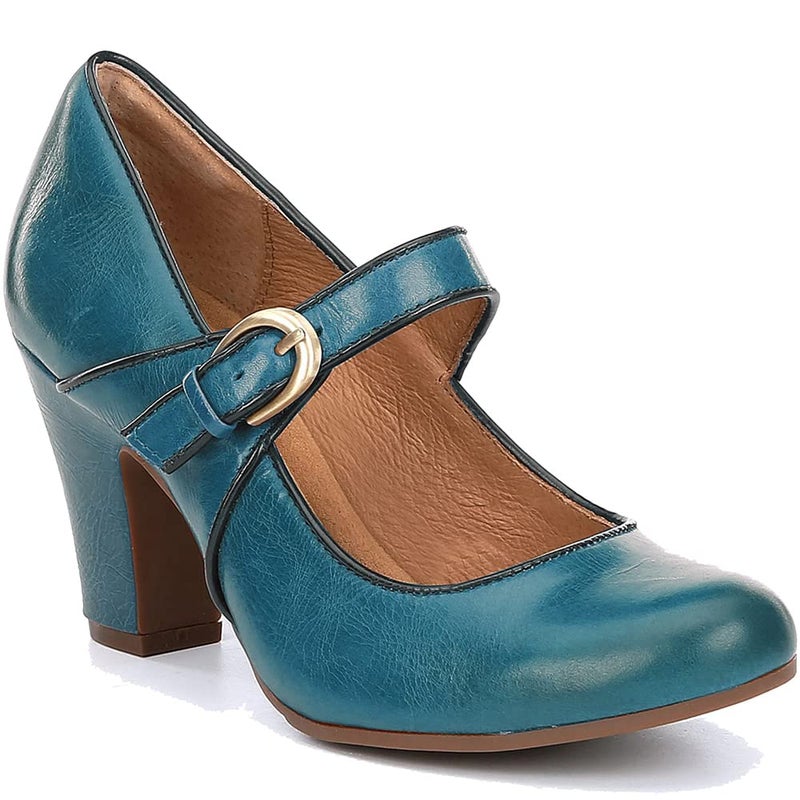 SHODENSE Vintage Kitten Heel Mary Jane Shoes Women Blue Ankle Strap Round Toe Dress Shoes Chunky Block Heels Mary Jane Lolita Pumps Two-Toned Patchwork Buckle Ladies Office Wedding Matte Blue 6 - Image 4