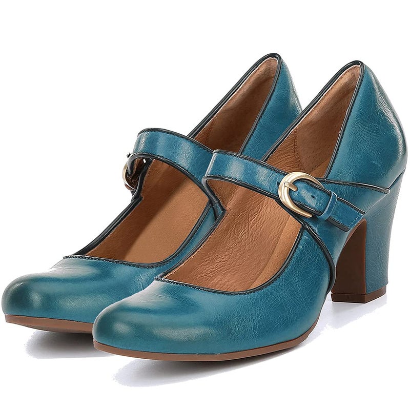 SHODENSE Vintage Kitten Heel Mary Jane Shoes Women Blue Ankle Strap Round Toe Dress Shoes Chunky Block Heels Mary Jane Lolita Pumps Two-Toned Patchwork Buckle Ladies Office Wedding Matte Blue 6 - Image 1