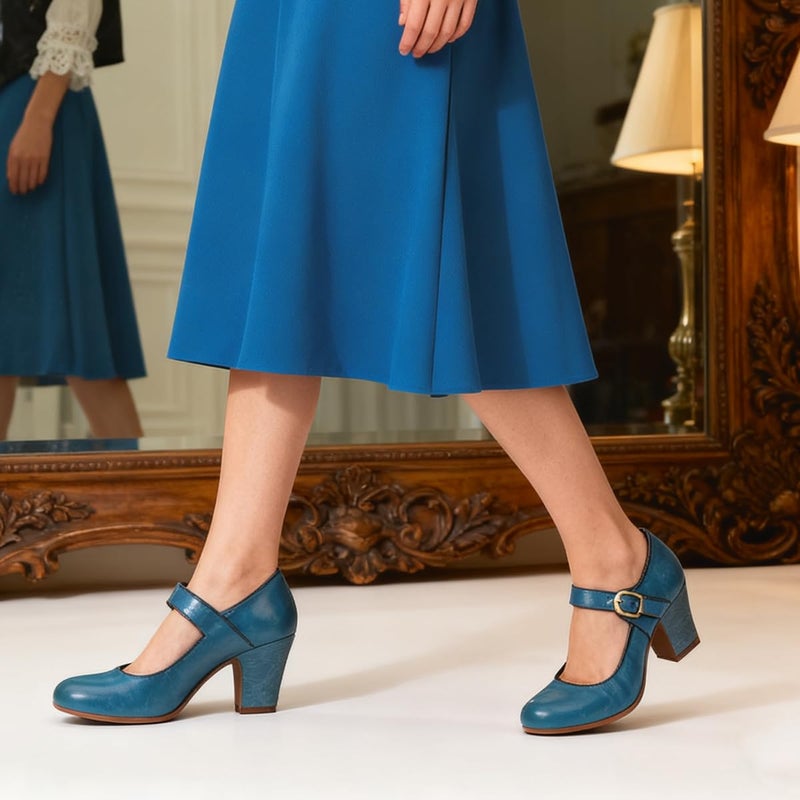 SHODENSE Vintage Kitten Heel Mary Jane Shoes Women Blue Ankle Strap Round Toe Dress Shoes Chunky Block Heels Mary Jane Lolita Pumps Two-Toned Patchwork Buckle Ladies Office Wedding Matte Blue 6 - Image 2