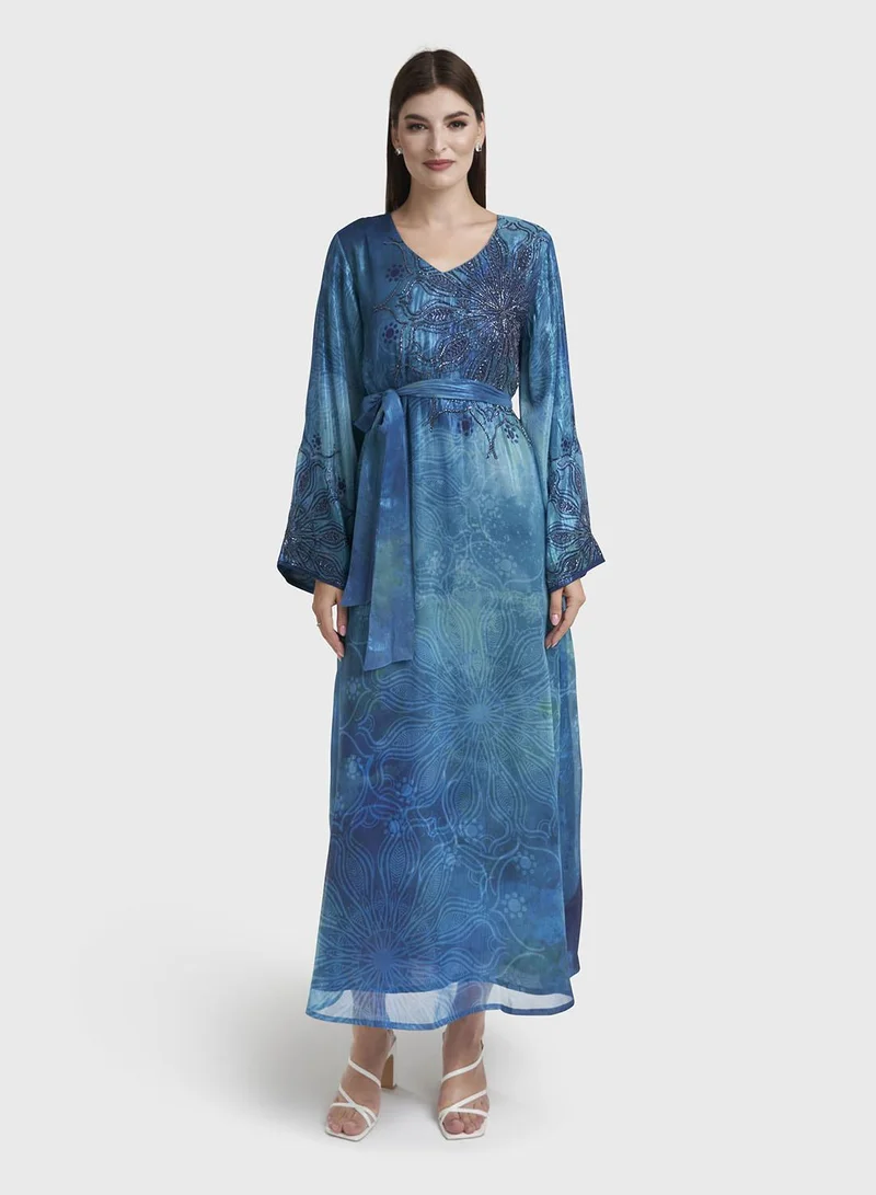 كشخة Peacock Blue Floral Print Beadswork Maxi Dress (VDM921B)
