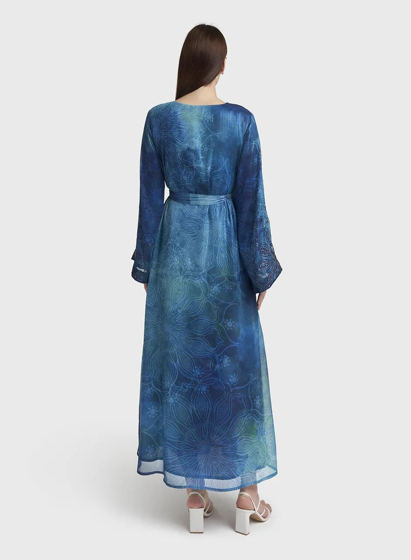 Kashkha  Peacock Blue Floral Print Beadswork Maxi Dress (VDM921B) for Women | Best Price UAE