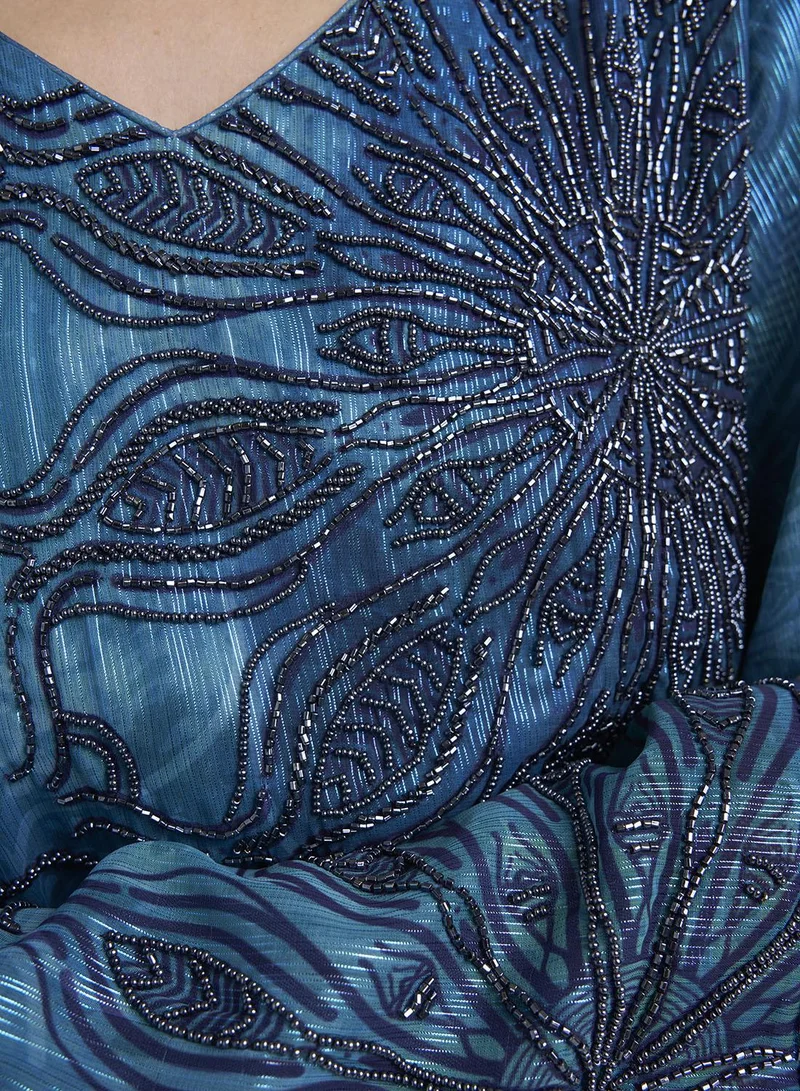 Kashkha  Peacock Blue Floral Print Beadswork Maxi Dress (VDM921B) for Women | Best Price UAE