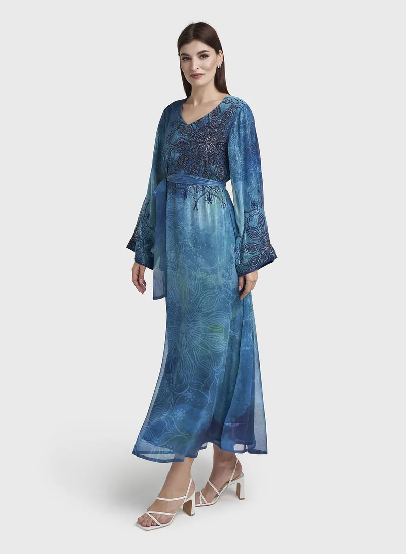 Kashkha  Peacock Blue Floral Print Beadswork Maxi Dress (VDM921B) for Women | Best Price UAE