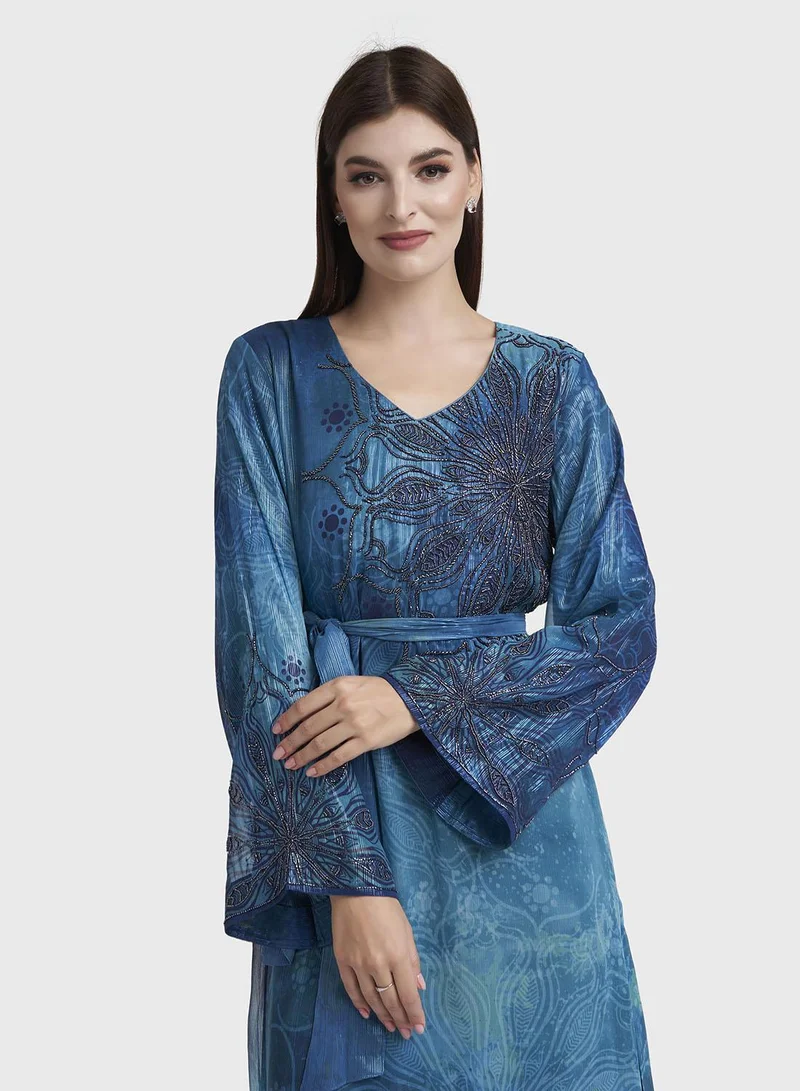 كشخة Peacock Blue Floral Print Beadswork Maxi Dress (VDM921B)