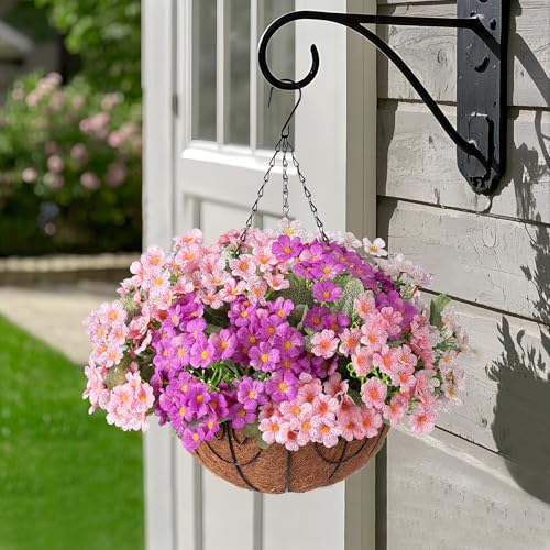 Ammyoo Artificial Fake Hanging Plants Flowers Basket for Spring Outdoor Decoration Faux Silk Daisy UV Resistant Look Real with Eucalyptus Leaves Summer Decor for Patio Garden OutsidePink White Purple - Image 3