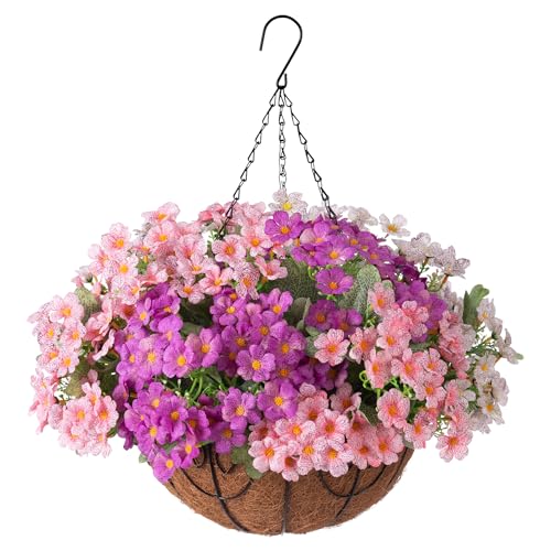 Ammyoo Artificial Fake Hanging Plants Flowers Basket for Spring Outdoor Decoration Faux Silk Daisy UV Resistant Look Real with Eucalyptus Leaves Summer Decor for Patio Garden OutsidePink White Purple - Image 1
