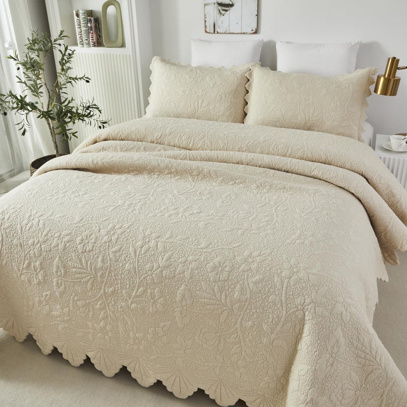 Brandream Full Size Quilt Set Cotton Beige Quilts Farmhouse Matelasse Coverlet Scalloped Soft Cotton Quilt Sets 3-Piece - Image 2