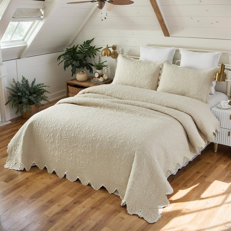 Brandream Full Size Quilt Set Cotton Beige Quilts Farmhouse Matelasse Coverlet Scalloped Soft Cotton Quilt Sets 3-Piece - Image 4