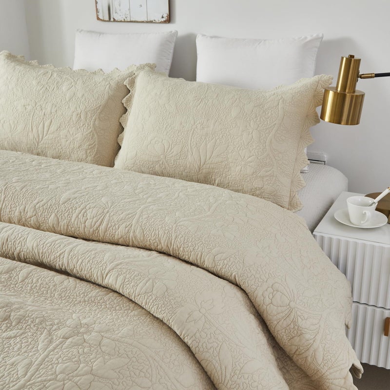 Brandream Full Size Quilt Set Cotton Beige Quilts Farmhouse Matelasse Coverlet Scalloped Soft Cotton Quilt Sets 3-Piece - Image 3