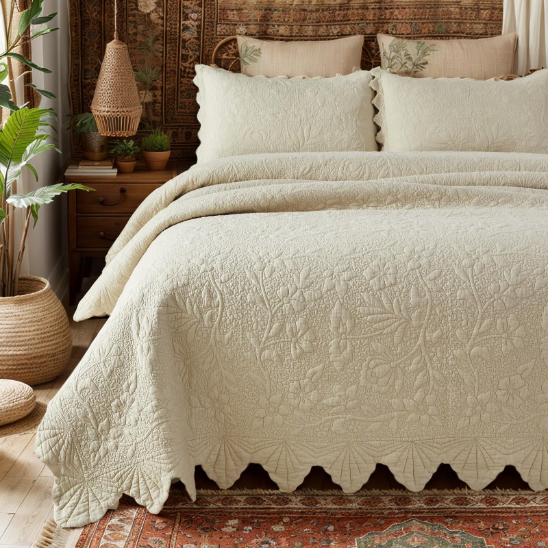 Brandream Full Size Quilt Set Cotton Beige Quilts Farmhouse Matelasse Coverlet Scalloped Soft Cotton Quilt Sets 3-Piece - Image 1
