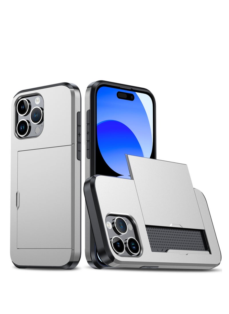 GULFLINK iPhone 15 Pro Max Case With Card Holder Heavy Duty Dual Layer Hidden Card Slot Slim Wallet Case Silver  - Image 1