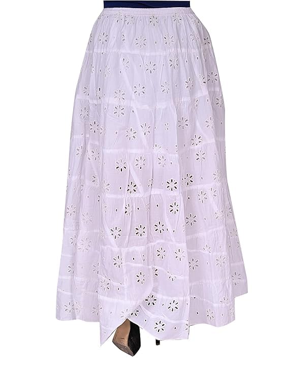 Ukal White Chikankaari Embroidary Cotton Long Lehenga Skirt for Women & Girls, Waist size-28-42 inches - Image 2