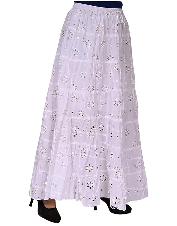 Ukal White Chikankaari Embroidary Cotton Long Lehenga Skirt for Women & Girls, Waist size-28-42 inches - Image 3