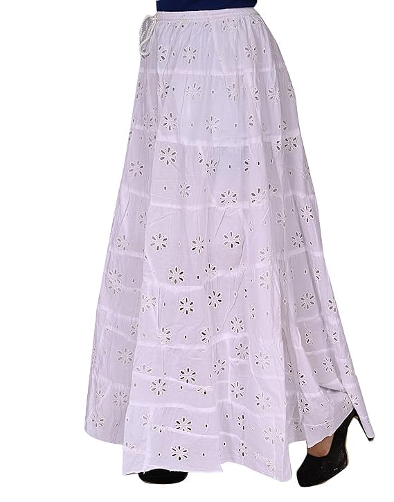 Ukal White Chikankaari Embroidary Cotton Long Lehenga Skirt for Women & Girls, Waist size-28-42 inches - Image 4