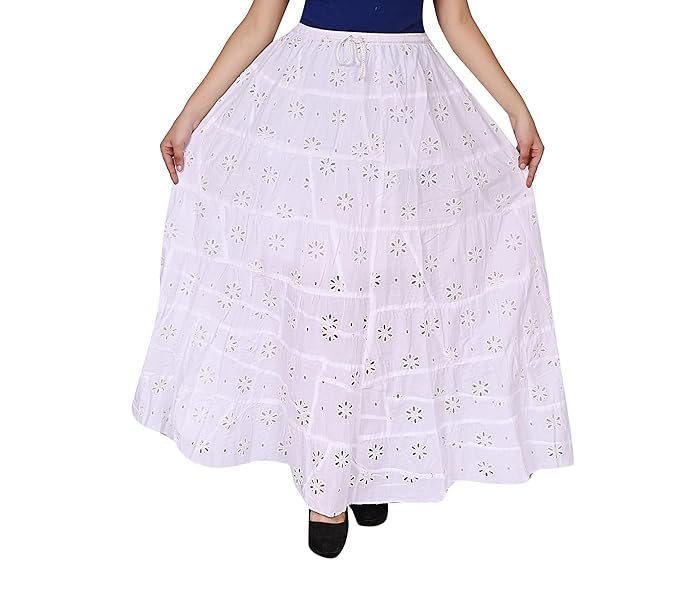 Ukal White Chikankaari Embroidary Cotton Long Lehenga Skirt for Women & Girls, Waist size-28-42 inches - Image 1