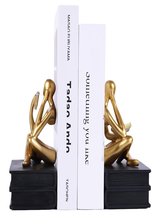 suruim Reading Figurine Book Ends Book Lovers Gifts for Bookshelf Decorations for Readers, Graduates, Students, Teachers, Sculpture Home Decor for Shelves Desk Office Living Room (Black/Gold) - Image 1