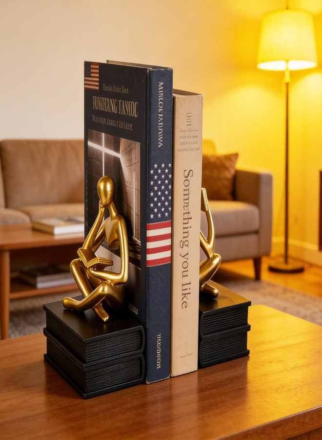 suruim Reading Figurine Book Ends Book Lovers Gifts for Bookshelf Decorations for Readers, Graduates, Students, Teachers, Sculpture Home Decor for Shelves Desk Office Living Room (Black/Gold) - Image 2