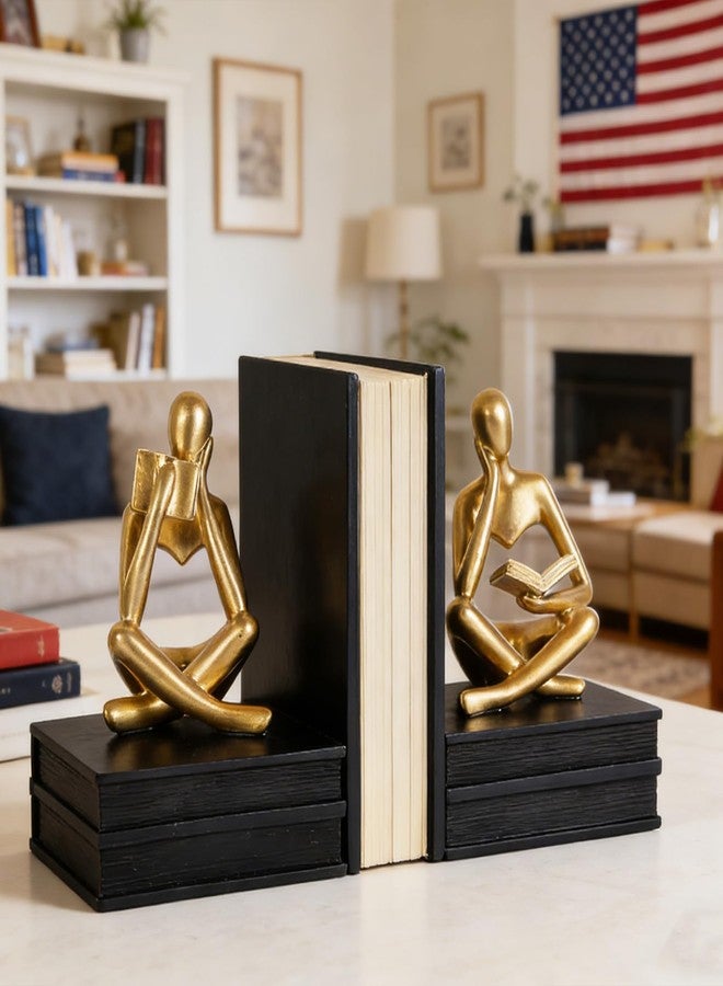 suruim Reading Figurine Book Ends Book Lovers Gifts for Bookshelf Decorations for Readers, Graduates, Students, Teachers, Sculpture Home Decor for Shelves Desk Office Living Room (Black/Gold) - Image 3