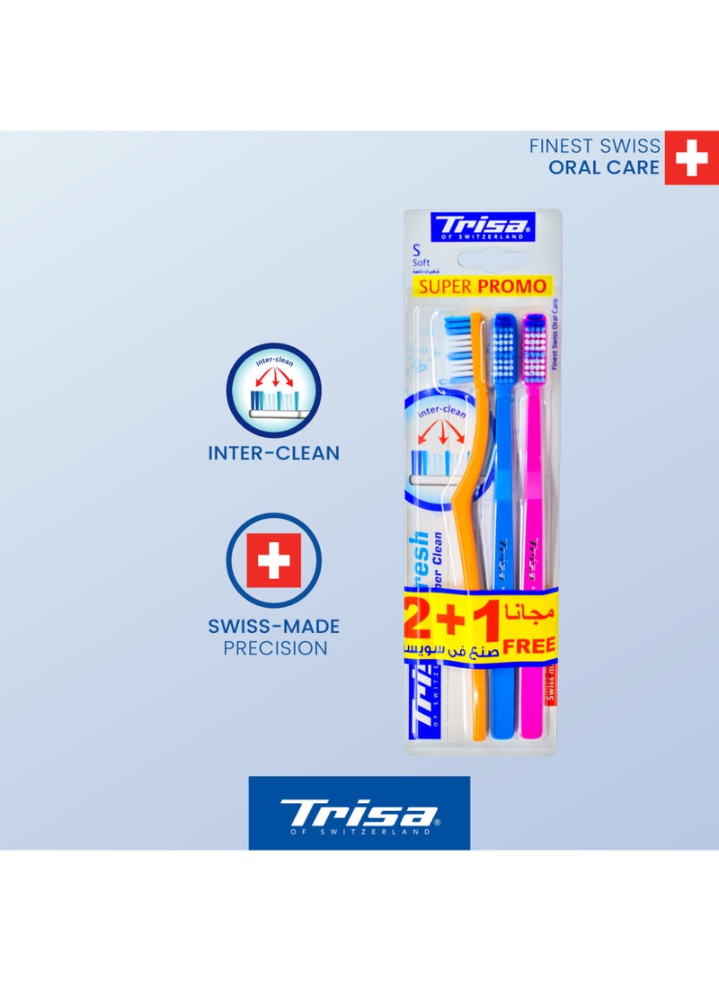 Trisa Fresh Super Clean Soft Adult Toothbrush Assortment Pack of 3 with Travel Cap - Swiss Made Oral Care - Image 2