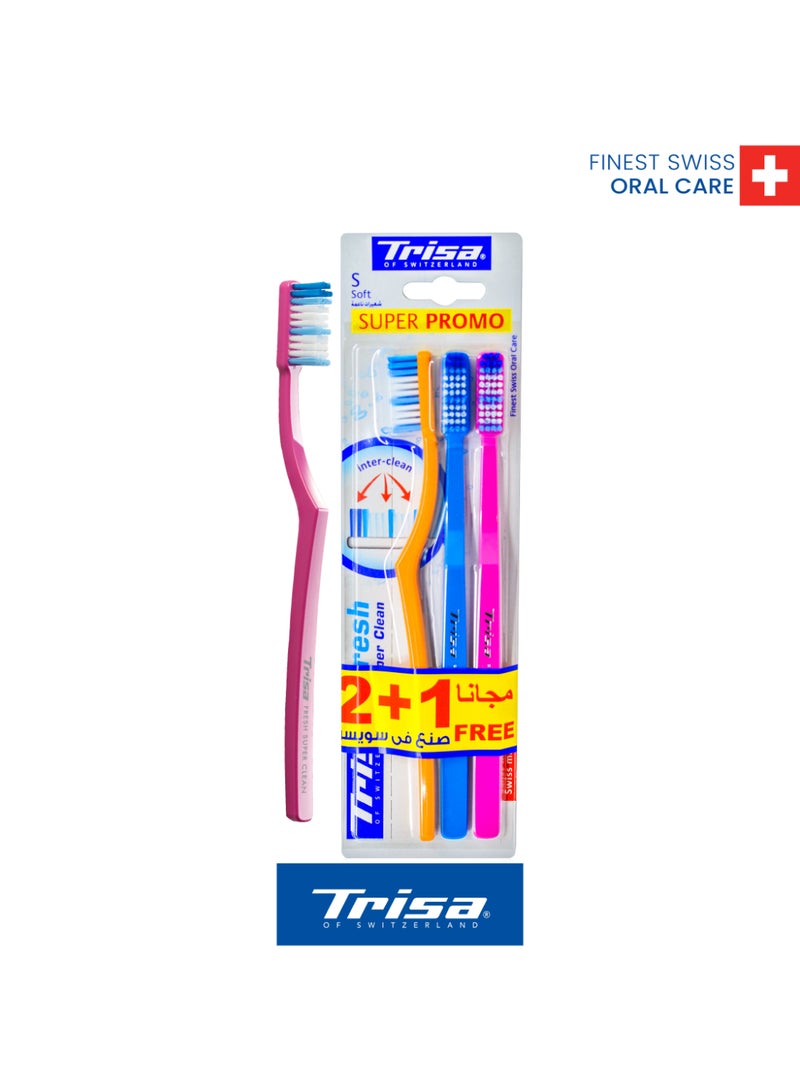 Trisa Fresh Super Clean Soft Adult Toothbrush Assortment Pack of 3 with Travel Cap - Swiss Made Oral Care - Image 1