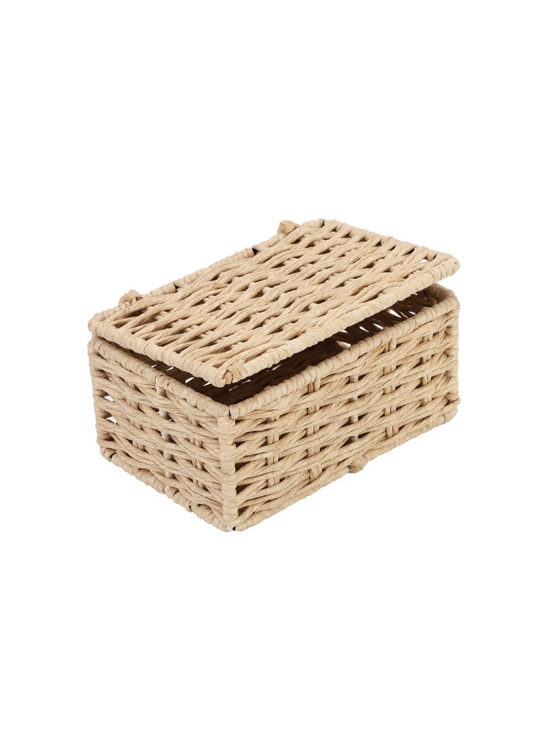 Akway AKWAY wicker water hyacinth kauna grass bamboo cane Storage Basket with Lids Rectangular Handwoven Wicker Organizer Baskets Desktop Storage Box Rattan Container Desk Basket Bins for Bathroom Office (7"L x 4.5"W x 3"H)  - Image 2