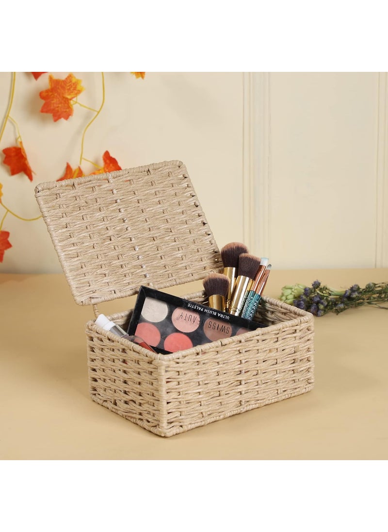 Akway AKWAY wicker water hyacinth kauna grass bamboo cane Storage Basket with Lids Rectangular Handwoven Wicker Organizer Baskets Desktop Storage Box Rattan Container Desk Basket Bins for Bathroom Office (7"L x 4.5"W x 3"H)  - Image 1