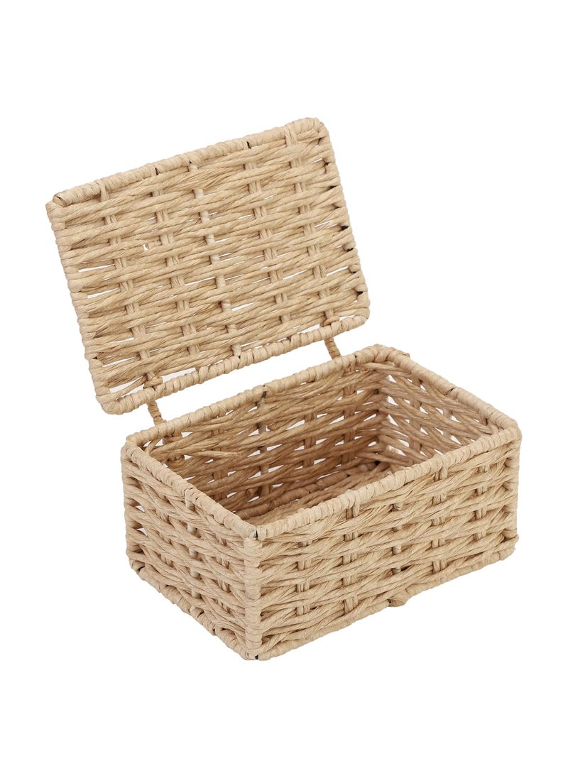 Akway AKWAY wicker water hyacinth kauna grass bamboo cane Storage Basket with Lids Rectangular Handwoven Wicker Organizer Baskets Desktop Storage Box Rattan Container Desk Basket Bins for Bathroom Office (7"L x 4.5"W x 3"H)  - Image 3