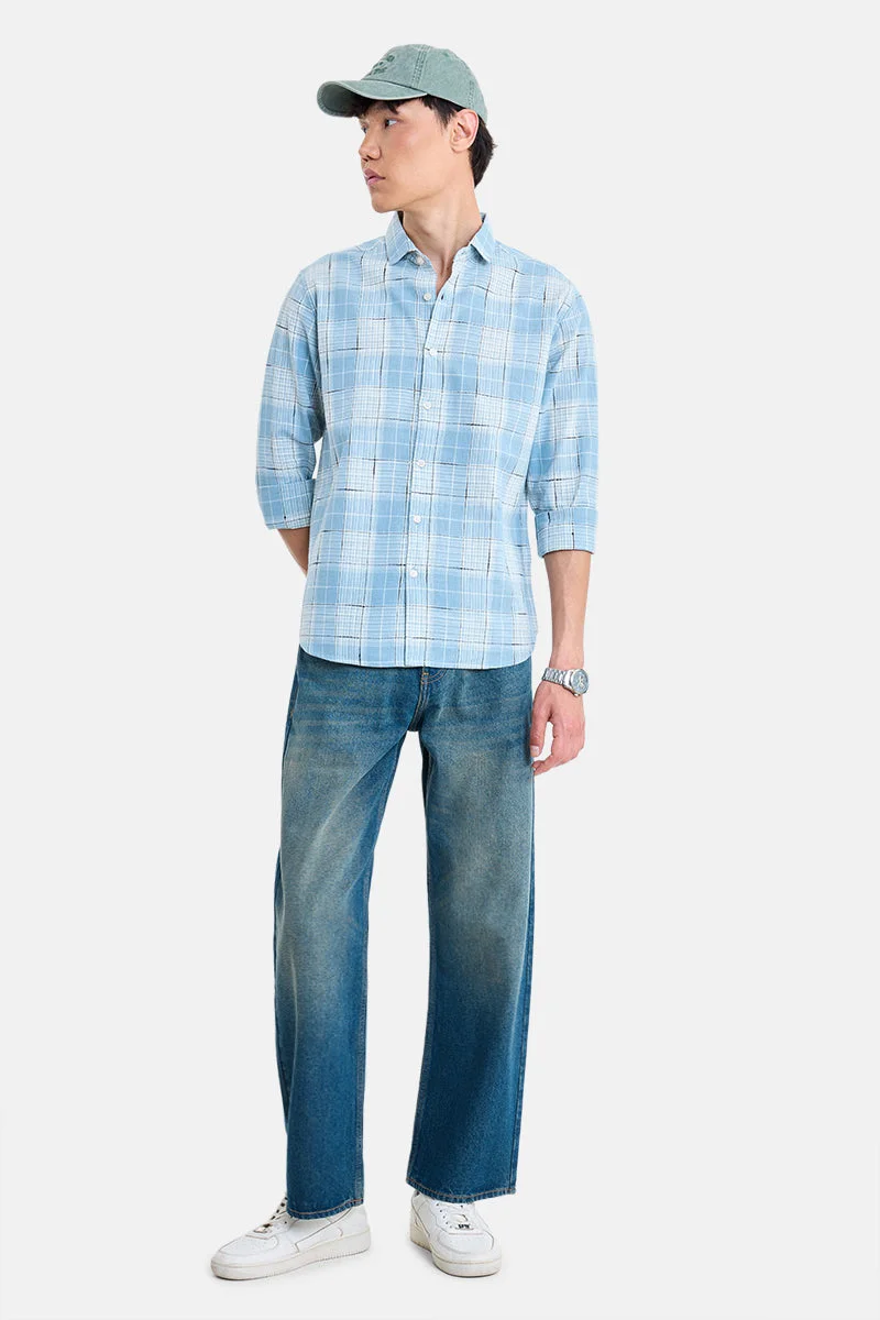سنيتش Light Blue Checkered Long Sleeve Regular Fit Shirt