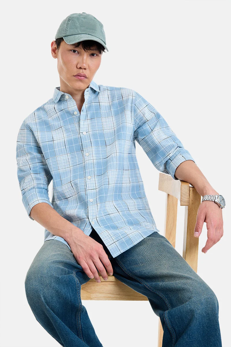 سنيتش Light Blue Checkered Long Sleeve Regular Fit Shirt