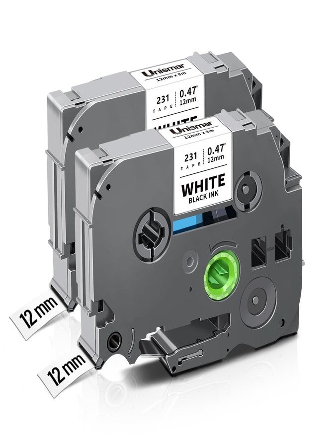 Unismar 2 Pack Compatible TZe-231 TZe231 TZ-231 TZ231 Laminated Tape Black on White 12mm (1/2") Width 8m (26.2ft) Length for Brother P-Touch Label Makers & Printers (US-TZe231 2PK) - Image 1