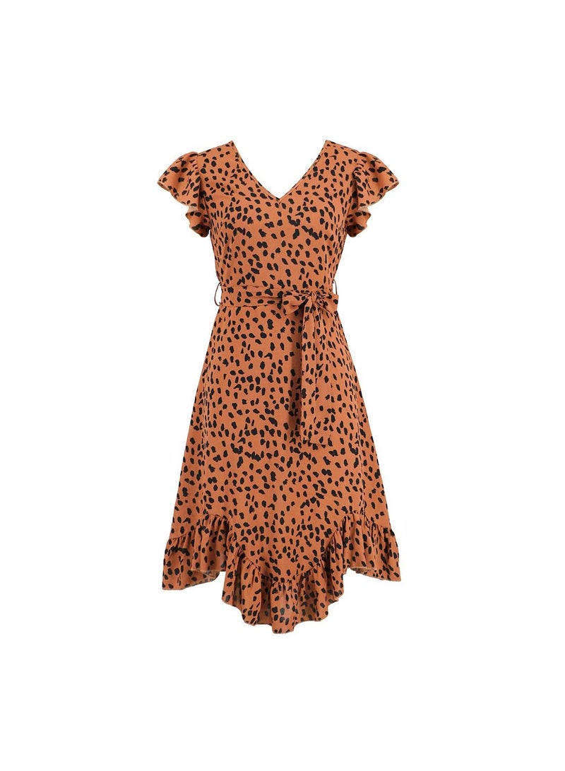 Loquat Slim Fit V-Neck Ruffle Short Sleeve Leopard Print Dress  - Image 1