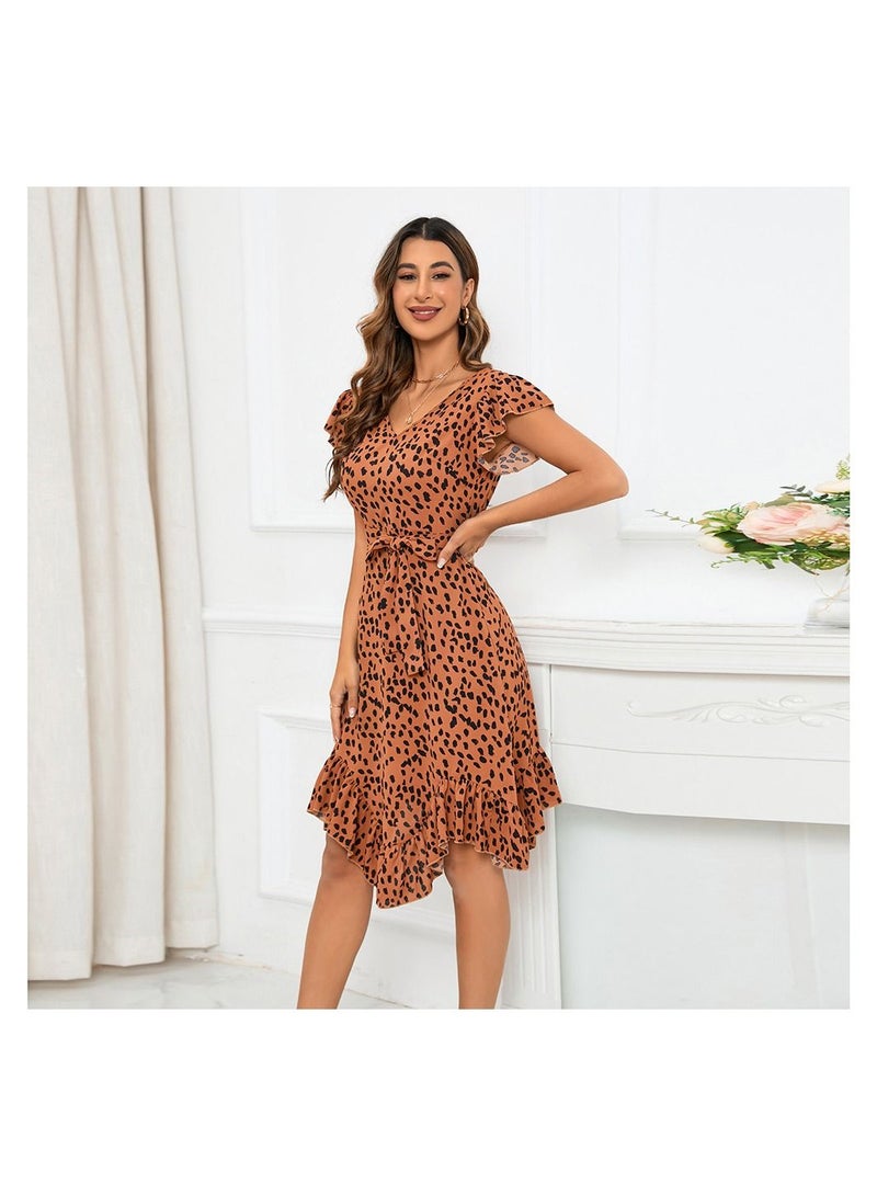 Loquat Slim Fit V-Neck Ruffle Short Sleeve Leopard Print Dress  - Image 3