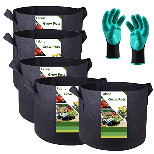 Tespher 5-Pack 2 Gallon Plant Grow Bags (8x8 inch) Thickened Gardening Bags Fabric Plant Pots for Flower Pots,Plant Nursery Bag,Garden Pot,Herbs Veggies Planter Bag,Barrel Planter,Garden Container W/ Gloves - Image 1