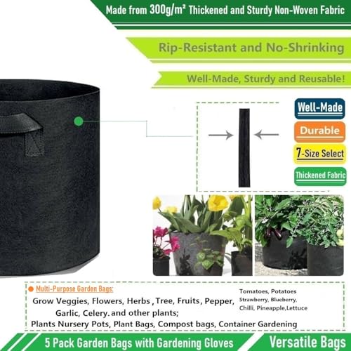 Tespher 5-Pack 2 Gallon Plant Grow Bags (8x8 inch) Thickened Gardening Bags Fabric Plant Pots for Flower Pots,Plant Nursery Bag,Garden Pot,Herbs Veggies Planter Bag,Barrel Planter,Garden Container W/ Gloves - Image 5