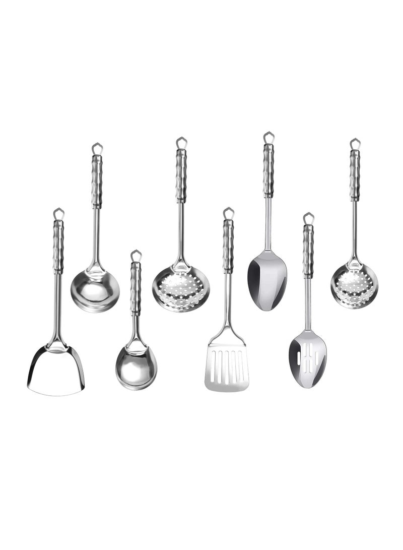 مجموعة ملاعق طهي من الفولاذ المقاوم للصدأ 8 قطع - أدوات مطبخ متعددة الوظائف تشمل ملعقة مسطحة، ملعقة شوربة، مصفاة، ملعقة كاري، ملعقة مشقوقة، وملعقة أرز - Image 1