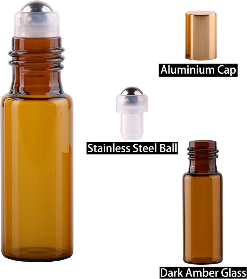 MAXMAU Glass Bottles with Metal Ball Roller for Essential Oils - 24 Pack 5mL Amber Bottles - Refillable - Image 5