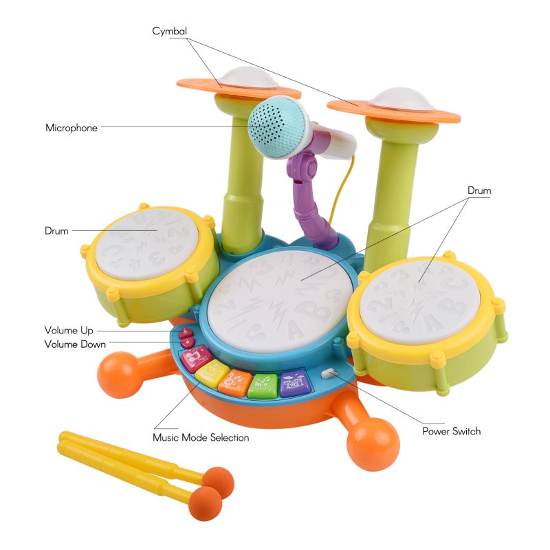 Electronic Drum Toy Set Green Safe Plastic 10 Built-In Songs - Flashing Lights Lightweight Toddler Musical Toys for Toddler And Young Kids Early Interest Cultivation - Image 5