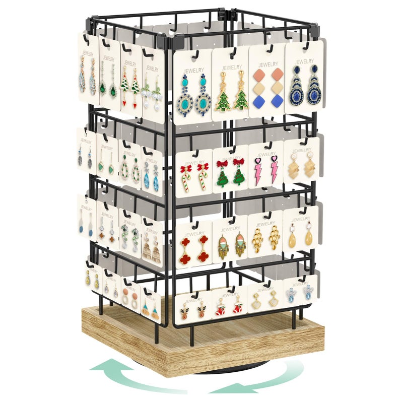 EsLuker.ly Rotating Earring Display Holder Stand for Vendors Events Selling, Large Capacity 64 Hooks Jewelry Rack with Wooden Base for Earring Card Sales, Enhances Retail Display Visibility - Image 1