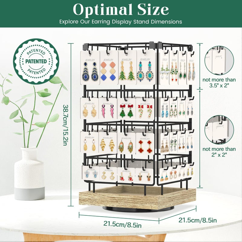 EsLuker.ly Rotating Earring Display Holder Stand for Vendors Events Selling, Large Capacity 64 Hooks Jewelry Rack with Wooden Base for Earring Card Sales, Enhances Retail Display Visibility - Image 5