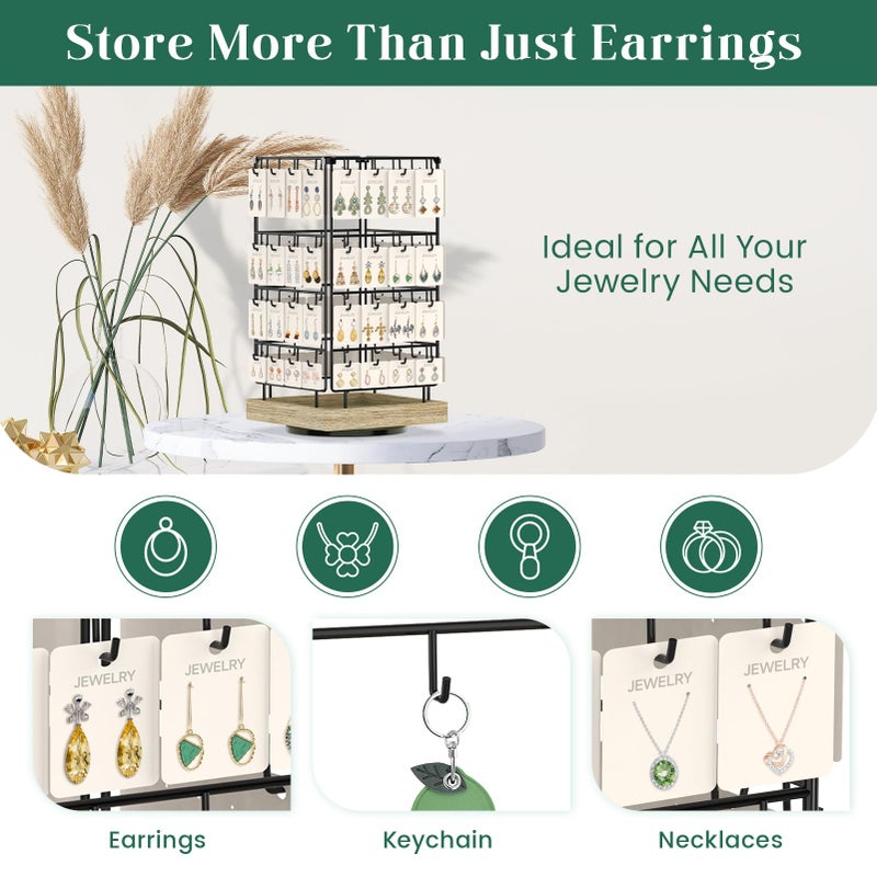EsLuker.ly Rotating Earring Display Holder Stand for Vendors Events Selling, Large Capacity 64 Hooks Jewelry Rack with Wooden Base for Earring Card Sales, Enhances Retail Display Visibility - Image 3