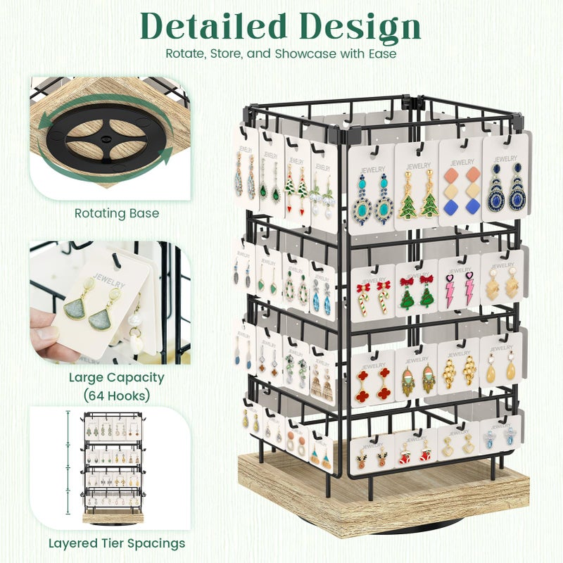 EsLuker.ly Rotating Earring Display Holder Stand for Vendors Events Selling, Large Capacity 64 Hooks Jewelry Rack with Wooden Base for Earring Card Sales, Enhances Retail Display Visibility - Image 2
