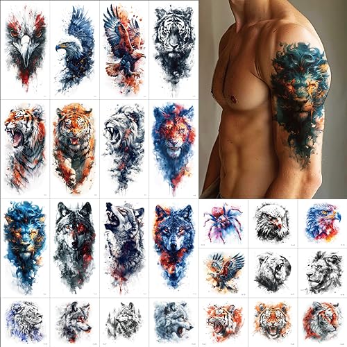 Everjoy 25 Sheets Tough Beast Temporary Tattoo Stickers, 12 Sheets Large Arm Watercolor Animals Fake Tattoos, 13 Pcs Small Animals Tattoo Stickers For Men and Women - Image 1