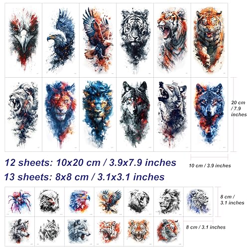 Everjoy 25 Sheets Tough Beast Temporary Tattoo Stickers, 12 Sheets Large Arm Watercolor Animals Fake Tattoos, 13 Pcs Small Animals Tattoo Stickers For Men and Women - Image 2