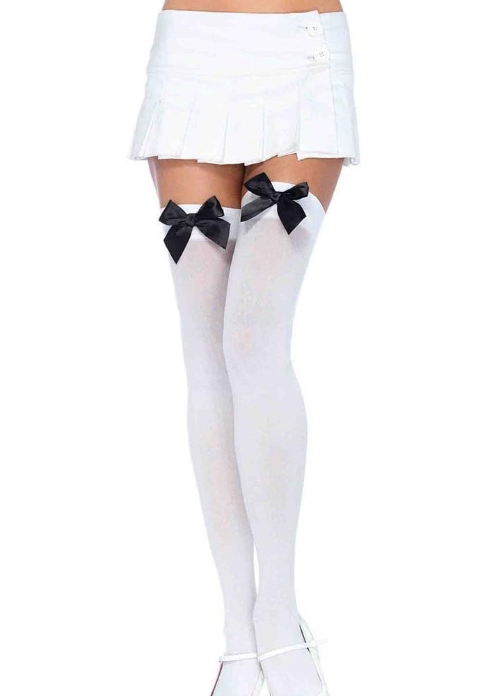 Leg Avenue Women's Satin Bow Accent Thigh Highs in White/Black - One Size - Image 5