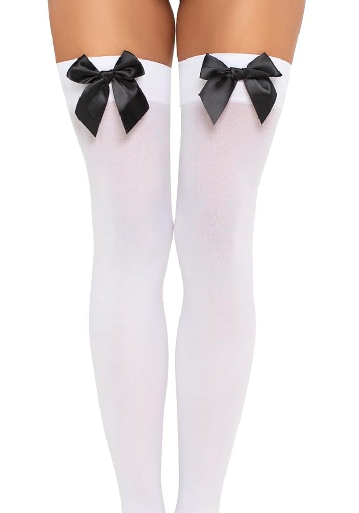 Leg Avenue Women's Satin Bow Accent Thigh Highs in White/Black - One Size - Image 4