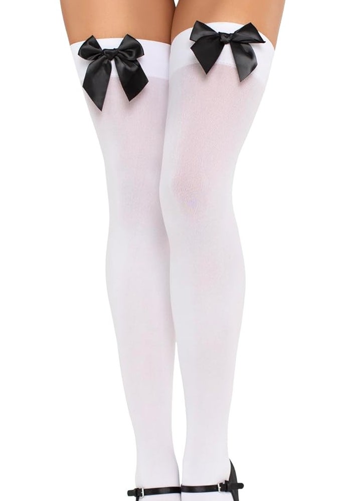 Leg Avenue Women's Satin Bow Accent Thigh Highs in White/Black - One Size - Image 1