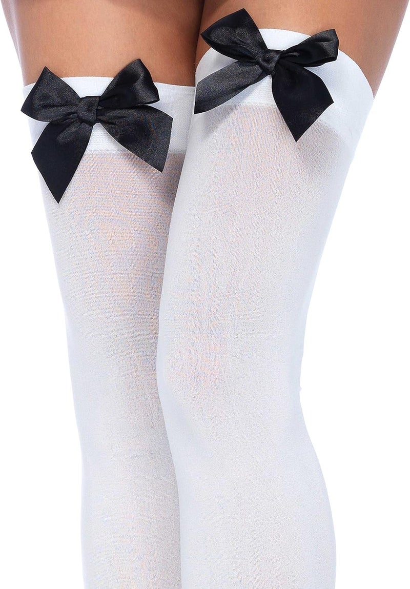 Leg Avenue Women's Satin Bow Accent Thigh Highs in White/Black - One Size - Image 3
